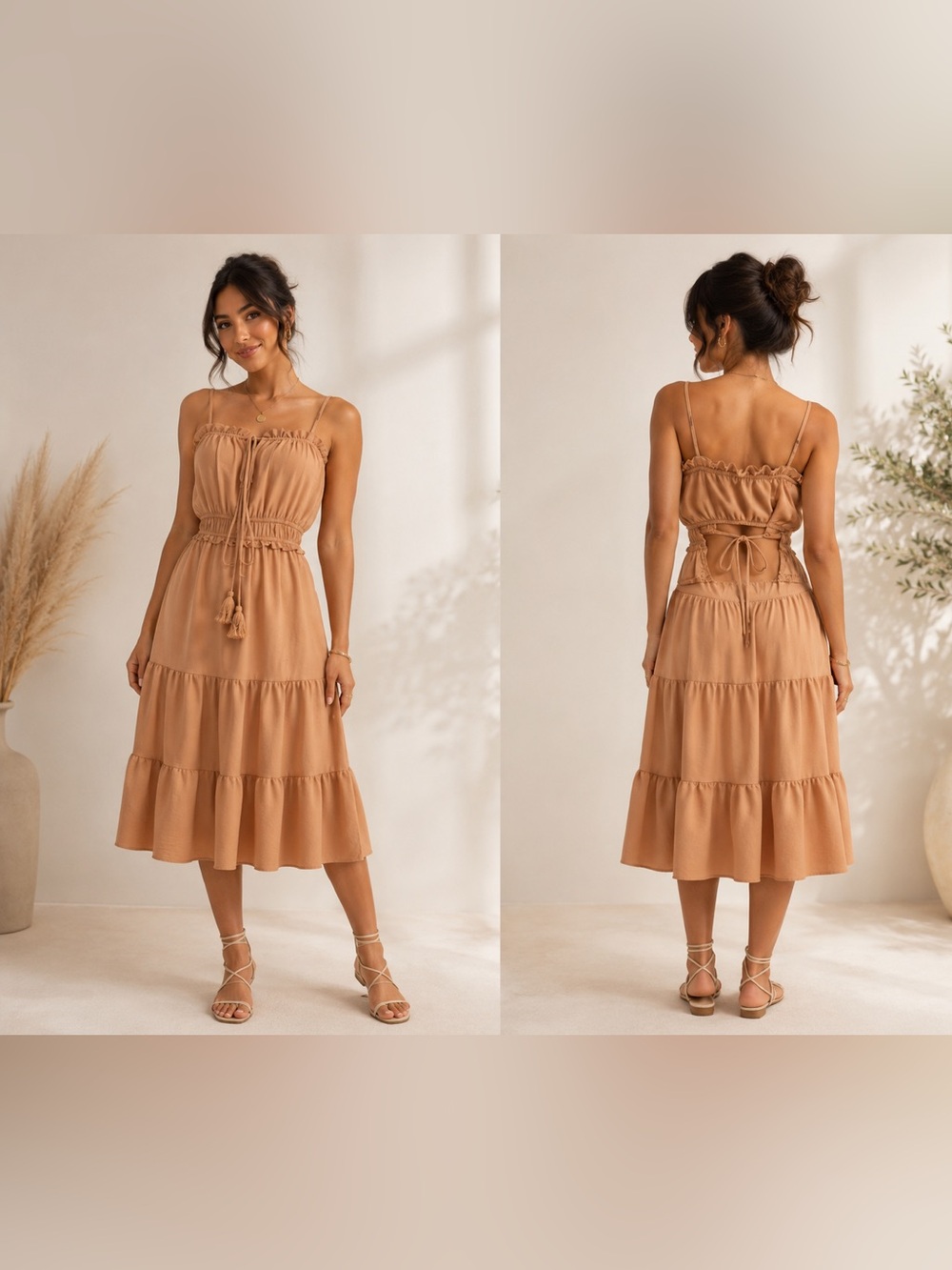 Boho Tiered Cut-Out Mini Dress with Tassels - Khaki - Size Small